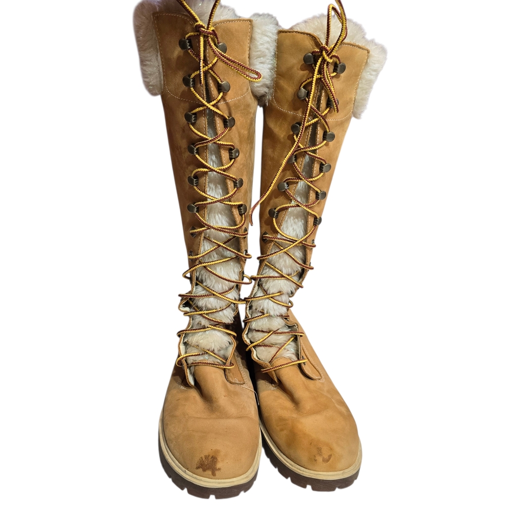 Timberland Premium Tan Leather Lace-Up Tall Faux Fur Waterproof Boots 9,5